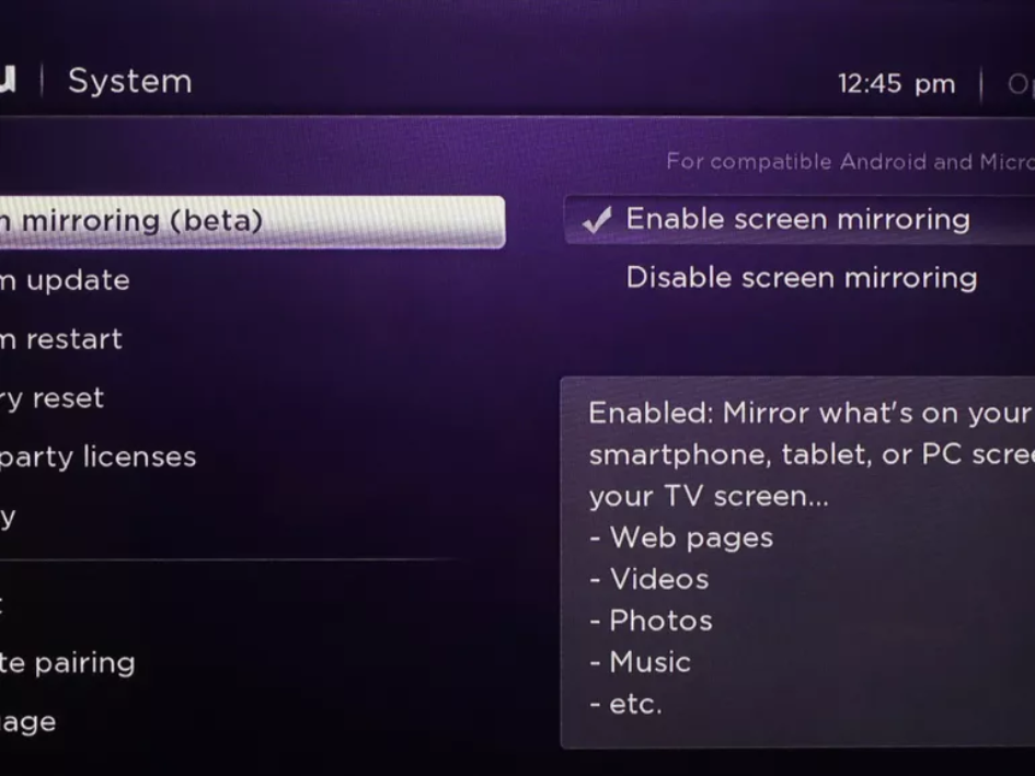 Enable Screen Mirroring on Roku